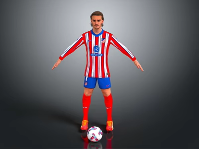 Man Wearing Red White Striped Jersey Blue Shorts Red Socks Standing With Football Arms Outstretched 3d model