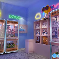 Indoor Playground With Neon Lights Claw Machines Yellow Seats And Cartoon Dolls