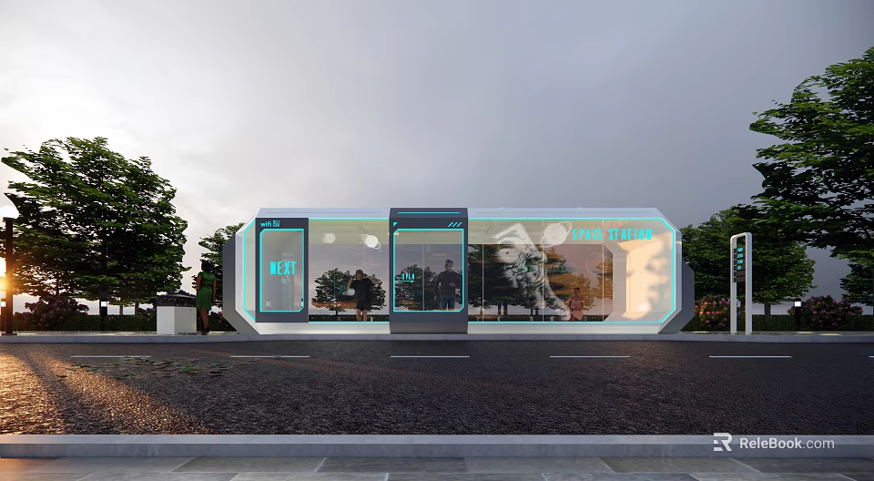 Modern Roadside Highway Facility With Glass Facade EV Charging Stations And Pull In Sign 3d model 