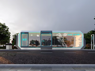 Modern Roadside Highway Facility With Glass Facade EV Charging Stations And Pull In Sign 3d model