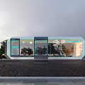 Modern Roadside Highway Facility With Glass Facade EV Charging Stations And Pull In Sign