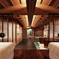Elegant Private Box Interior Featuring Wooden Ceiling Hot Spring Pool Glass Partitions and Stone Walls