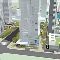 Modern Commercial Street With Tall Buildings Glass Facades And Green Plants