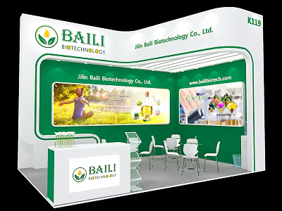 Modern Exhibition Booth for Baili Biotechnology with Digital Screens and Display Tables 3d model