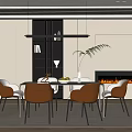 Modern Restaurant Open Kitchen Design With Dining Table Chairs And Hanging Lights