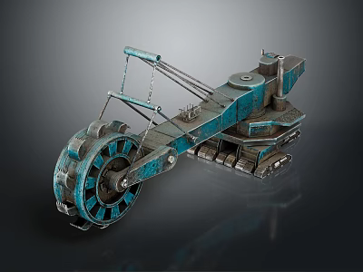 Turquoise Industrial Mechanical Device With Large Wheel And Tracks Design 3d model
