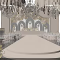 Banquet Hall Interior With Crystal Chandeliers White Elevated Stage Floral Arrangements And Elegant Tables