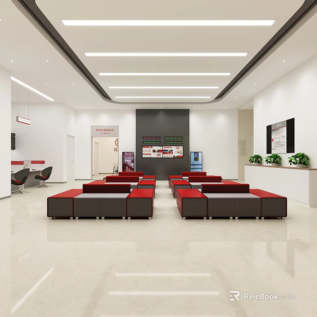 Modern Bank Lobby Interior With Red And Black Seating White Walls And Green Plants 3d model 