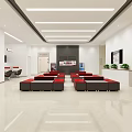 Modern Bank Lobby Interior With Red And Black Seating White Walls And Green Plants