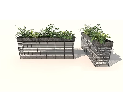 Stylish Metal Grid Rectangular Planter Boxes With Lush Green Plants For Outdoor Garden Landscape Decoration 3d model