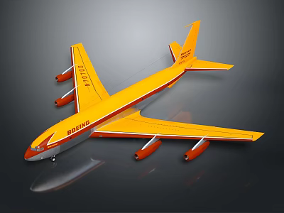 Boeing Airliner With Yellow And Red Livery And Four Engines On Gray Background 3d model