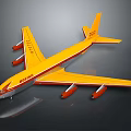 Boeing Airliner With Yellow And Red Livery And Four Engines On Gray Background