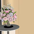 Elegant Pink Purple White Flowers with Green Leaves in Transparent Glass Vase on Table
