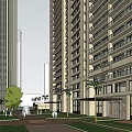 Modern High Rise Commercial Buildings With Glass Curtain Walls And Urban Street View