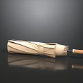Beige Folded Umbrella With Wooden Handle On Smooth Black Surface and Reflection