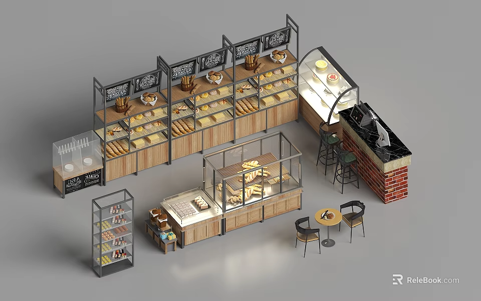 Retail Bakery Display Shelves With Glass Cases Wooden Racks And Pastry Bread Layout 3d model 