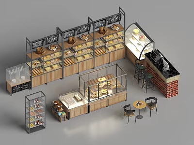 Retail Bakery Display Shelves With Glass Cases Wooden Racks And Pastry Bread Layout 3d model