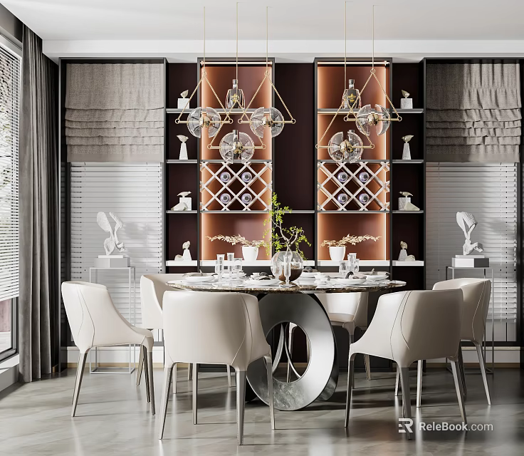 Modern Elegant Restaurant Dining Space With Round White Table Glass Chandeliers Decorative Wine Racks 3d model 