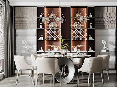 Modern Elegant Restaurant Dining Space With Round White Table Glass Chandeliers Decorative Wine Racks 3d model