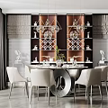 Modern Elegant Restaurant Dining Space With Round White Table Glass Chandeliers Decorative Wine Racks