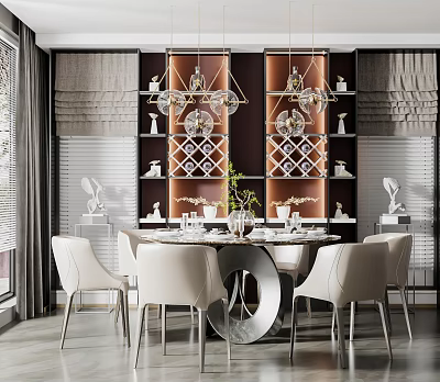 Modern Elegant Restaurant Dining Space With Round White Table Glass Chandeliers Decorative Wine Racks 3d model