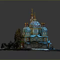 Church Building With Colorful Domes Green Walls Golden Spires And Trees