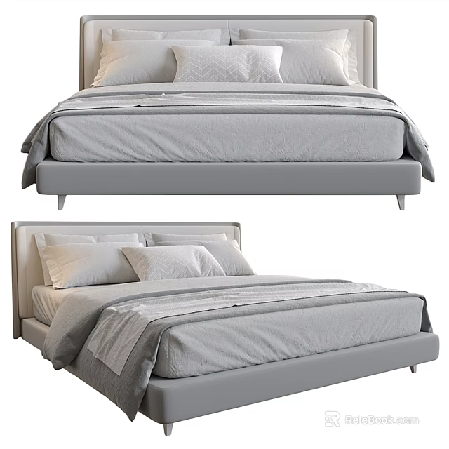 Modern Double Bed With Upholstered Headboard Gray Bedding And Decorative Pillows 3d model 