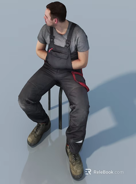 Man sitting on chair wearing gray T-shirt black overalls with red accents hands on abdomen 3d model 