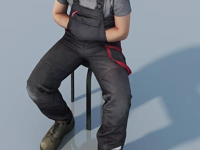 Man sitting on chair wearing gray T-shirt black overalls with red accents hands on abdomen 3d model