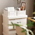 Modern Desk And Office Chair Setup With Laptop Tulips Lamp Stationery Blinds On Wood Floor