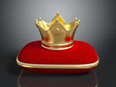 Luxurious Golden Crown Jewelry On Red Velvet Base With Gold Trim And Royal Design 3d model