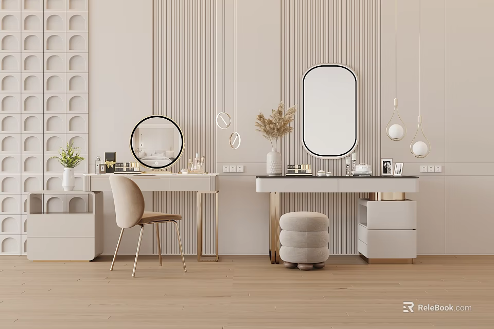 Modern Minimalist Light Colored Dressing Tables With Mirrors Dried Flowers And Cosmetics On Wooden Floor 3d model 