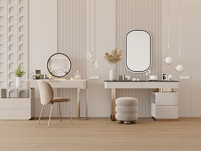 Modern Minimalist Light Colored Dressing Tables With Mirrors Dried Flowers And Cosmetics On Wooden Floor 3d model