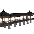 Traditional Chinese Garden Landscape With Wooden Veranda Tiled Roof Carved Railings And Blue Sky Background