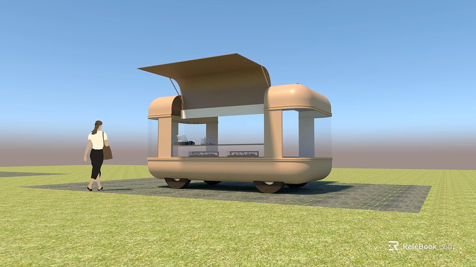 Modern Mobile Kiosk With Open Roof Glass Walls And Pedestrian Near Grassy Area 3d model 