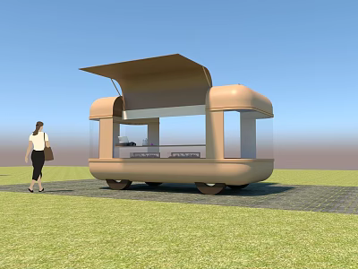 Modern Mobile Kiosk With Open Roof Glass Walls And Pedestrian Near Grassy Area 3d model