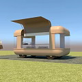 Modern Mobile Kiosk With Open Roof Glass Walls And Pedestrian Near Grassy Area