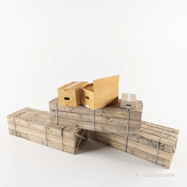 Sturdy Stacked Wooden Crates And Cardboard Cartons For Storage And Shipping 3d model 