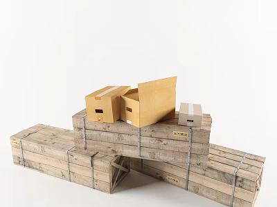 Sturdy Stacked Wooden Crates And Cardboard Cartons For Storage And Shipping 3d model