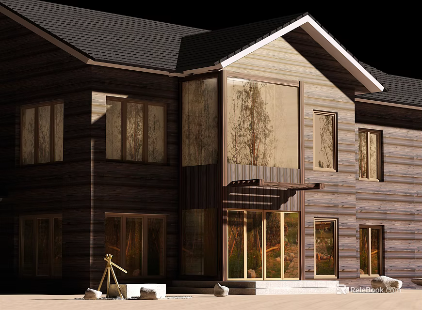 Modern Two story Wooden House Exterior With Large Windows Wooden Siding And Black Roof 3d model 