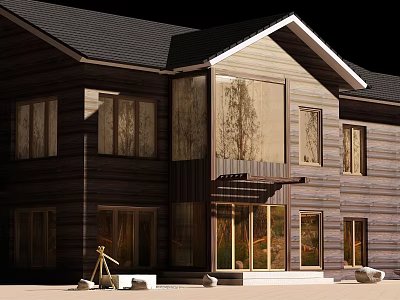 Modern Two story Wooden House Exterior With Large Windows Wooden Siding And Black Roof 3d model