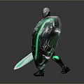 Futuristic Warrior Character In Silver Black Armor With Green Glowing Sword And Shield