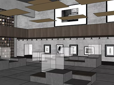 Modern Leisure Area With Comfortable Seating Display Shelves And Pendant Lights 3d model