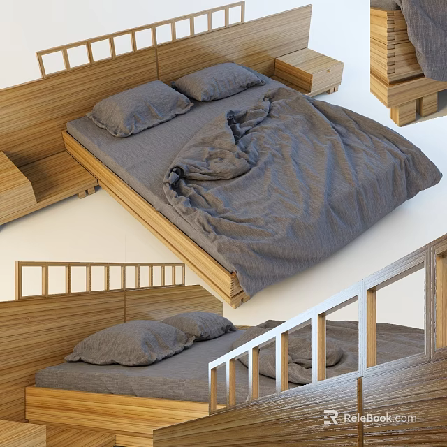Double Bed With Wooden Frame Gray Bedding Pillows And Bedside Tables 3d model