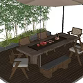 Landscape Seating With Wooden Deck Bamboo Plants Table Chairs Umbrella Bench And Red Fruits