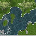 Garden Ornament Design With Winding Water Feature Green Lawn Trees And Stones