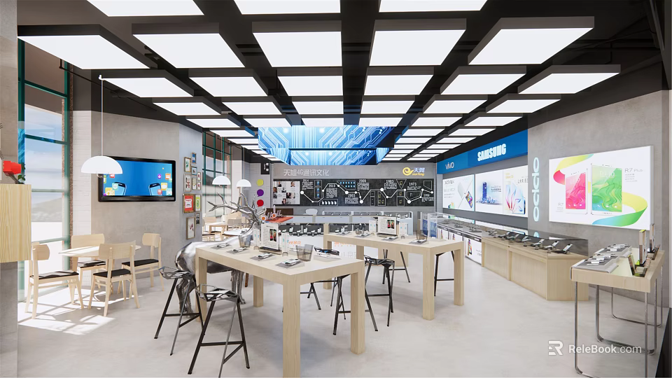 Modern Digital Store Interior With Display Tables Smartphones TV Screens And Bright Lighting 3d model 