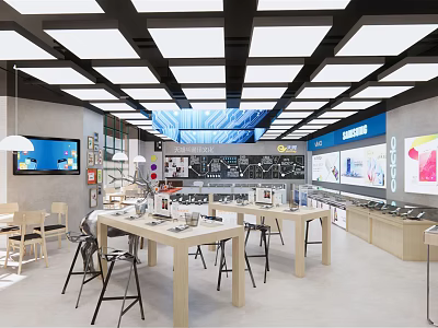 Modern Digital Store Interior With Display Tables Smartphones TV Screens And Bright Lighting 3d model