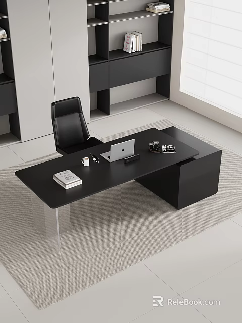 Black Modern Office Desk With Laptop Books Coffee Cup And Desk Lamp In Bright Room 3d model 