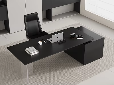 Black Modern Office Desk With Laptop Books Coffee Cup And Desk Lamp In Bright Room 3d model
